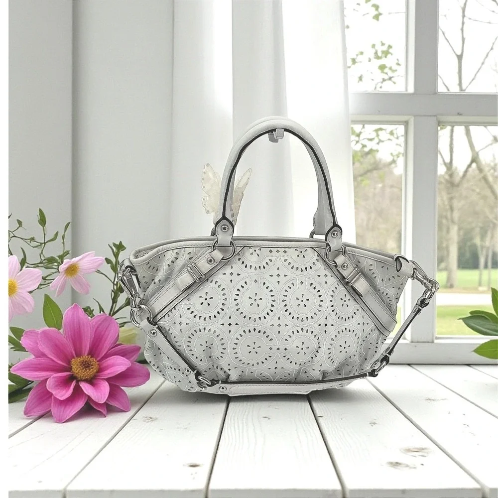 Coach‎ Madison Gray Laser Cut Leather Satchel Crossbody Bag